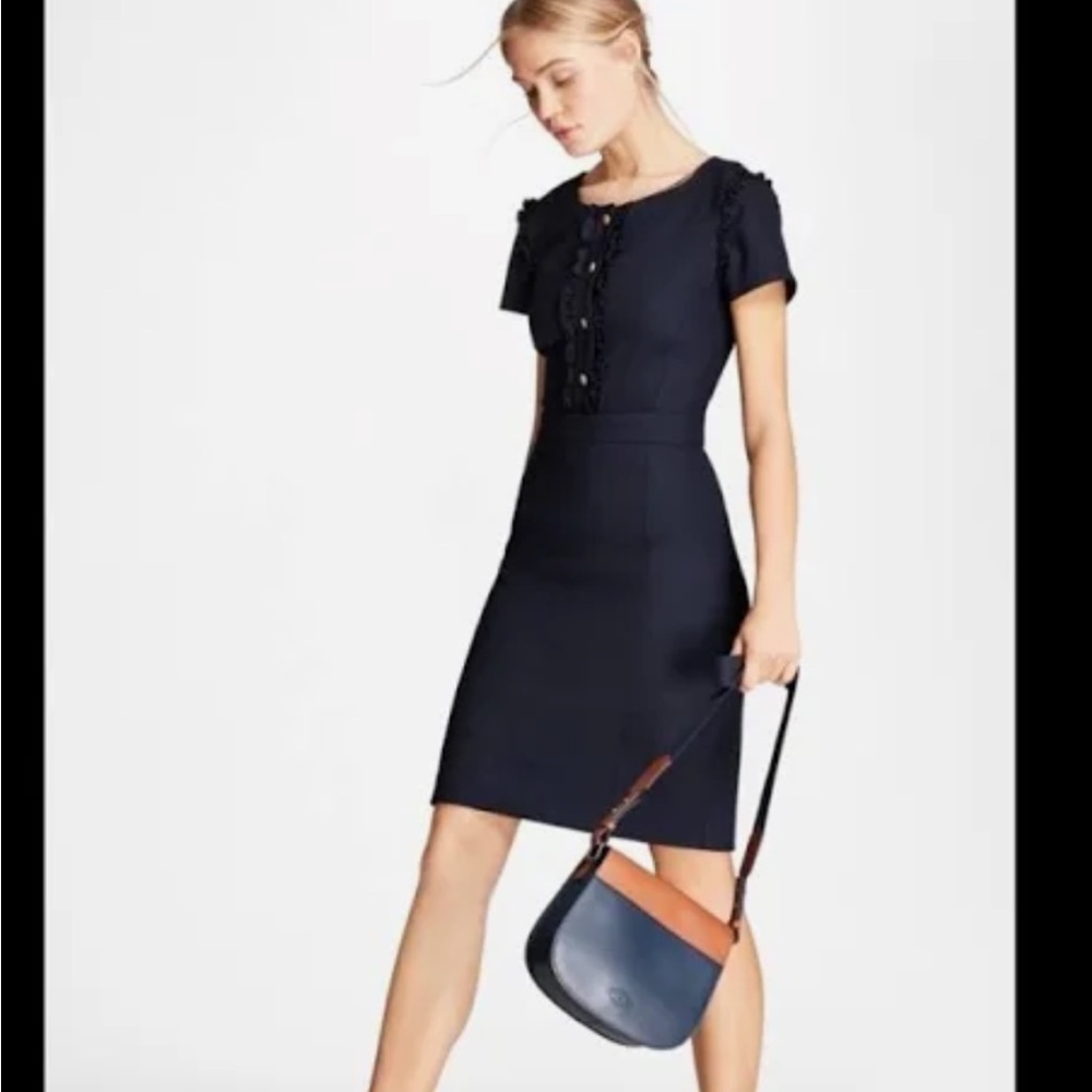 Brooks Brothers Ruffle Trim Stretch Sheath Navy Dress Sz 4